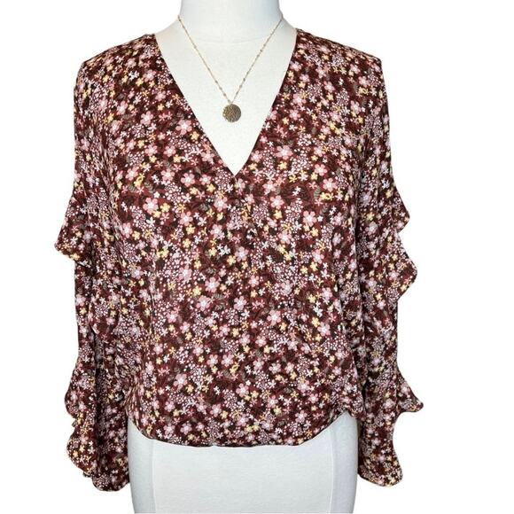 NWT Max Studio Brick Red Faux-Wrap Ditsy Floral Ruffle Long Sleeve Blouse Top M - Picture 4 of 12
